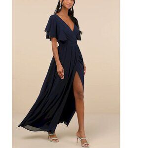 Lulus Convincing Grace Navy Blue Flutter Sleeve Wrap Maxi Dress Size Small NWOT